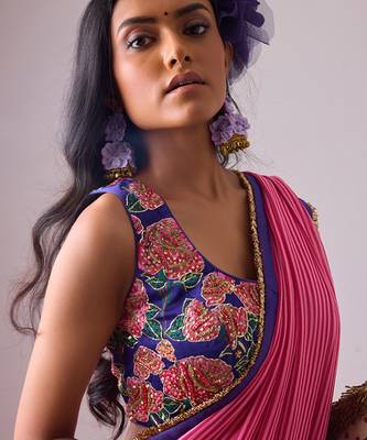 Pink georgette printed saree with embroidered blouse 2