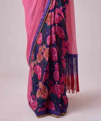 Pink georgette printed saree with embroidered blouse 4