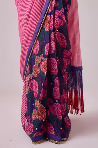 Pink georgette printed saree with embroidered blouse