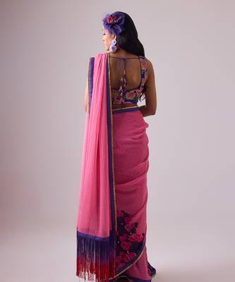 Pink georgette printed saree with embroidered blouse 5