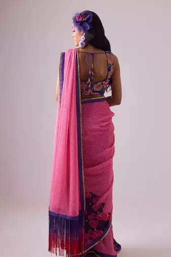 Pink georgette printed saree with embroidered blouse
