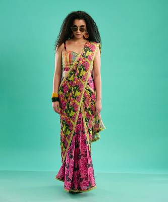 Multicolor floral printed georgette saree with check blouse 1