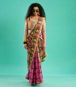 Multicolor floral printed georgette saree with check blouse