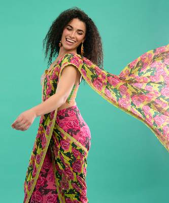 Multicolor floral printed georgette saree with check blouse 2
