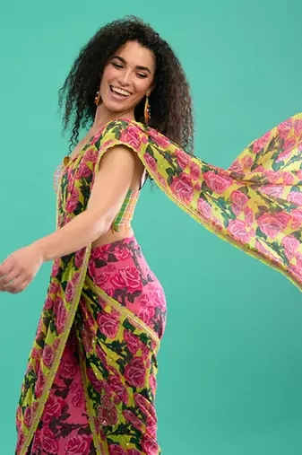 Multicolor floral printed georgette saree with check blouse