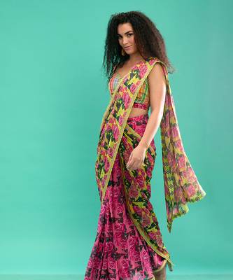 Multicolor floral printed georgette saree with check blouse 3
