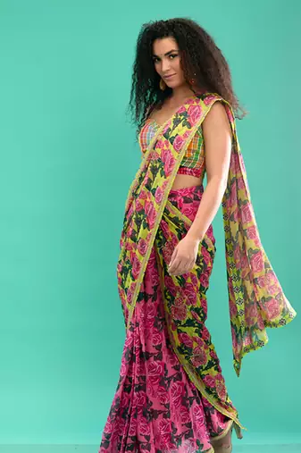 Multicolor floral printed georgette saree with check blouse