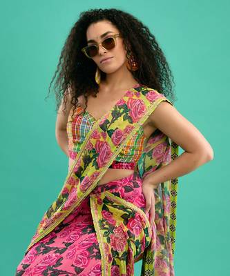 Multicolor floral printed georgette saree with check blouse 5