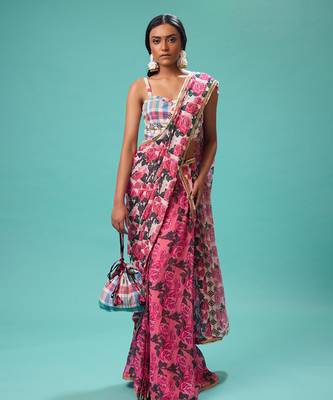 Pink floral printed georgette saree with check blouse 1