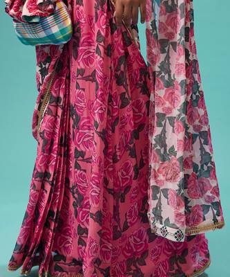 Pink floral printed georgette saree with check blouse 2