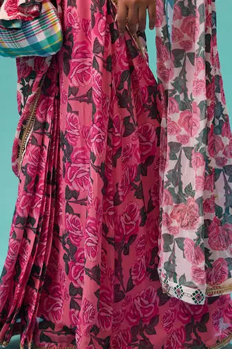 Pink floral printed georgette saree with check blouse