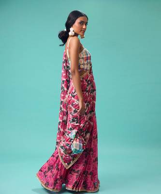 Pink floral printed georgette saree with check blouse 3