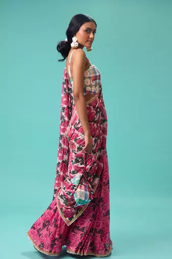 Pink floral printed georgette saree with check blouse