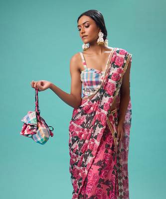 Pink floral printed georgette saree with check blouse 4
