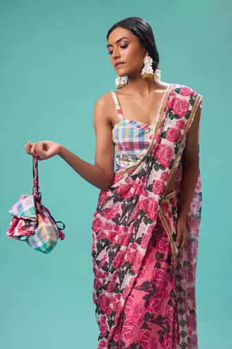 Pink floral printed georgette saree with check blouse