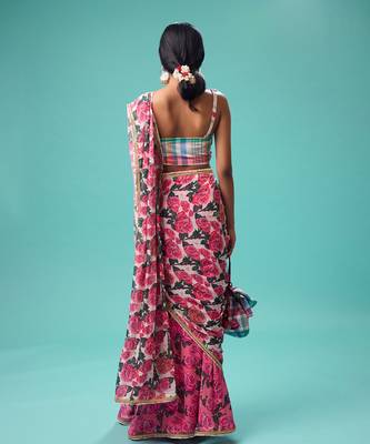 Pink floral printed georgette saree with check blouse 5