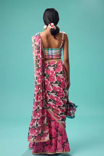 Pink floral printed georgette saree with check blouse