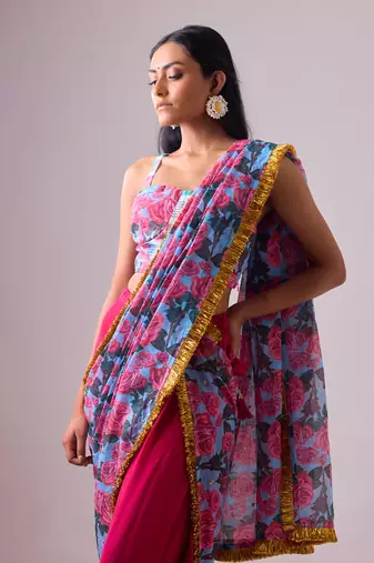 Multicolor floral printed kota saree paired with dhoti pant