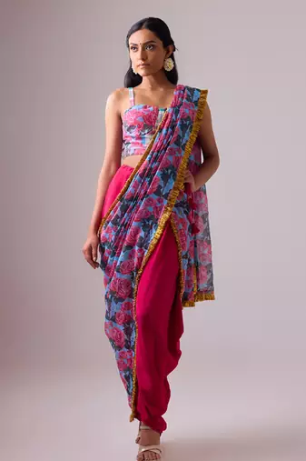 Multicolor floral printed kota saree paired with dhoti pant