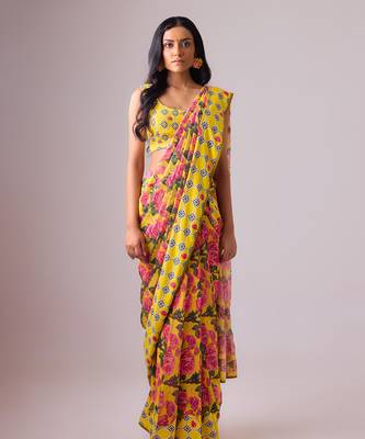 Yellow floral printed georgette saree with blouse 1