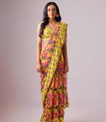 Yellow floral printed georgette saree with blouse