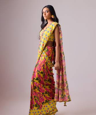 Yellow floral printed georgette saree with blouse 2