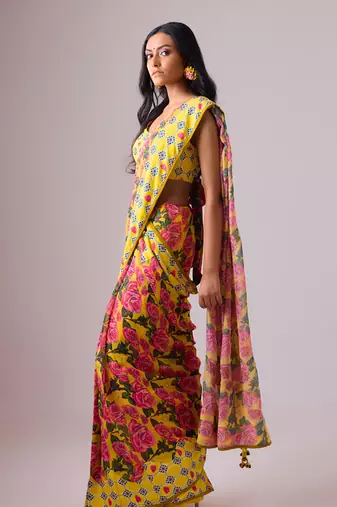 Yellow floral printed georgette saree with blouse