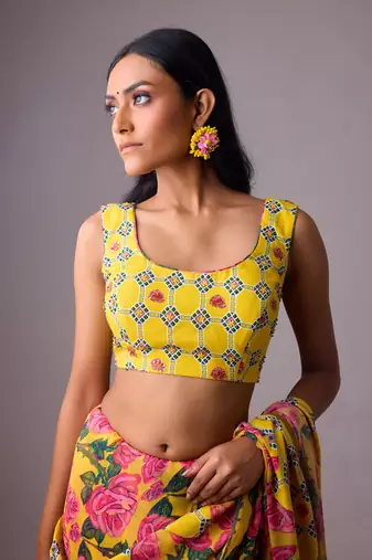 Yellow floral printed georgette saree with blouse