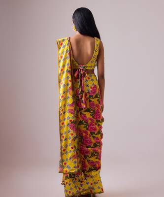 Yellow floral printed georgette saree with blouse 4