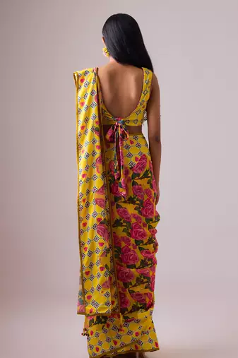 Yellow floral printed georgette saree with blouse