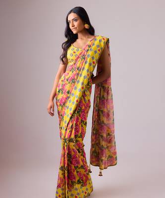 Yellow floral printed georgette saree with blouse 5