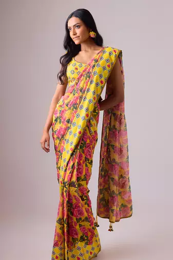 Yellow floral printed georgette saree with blouse