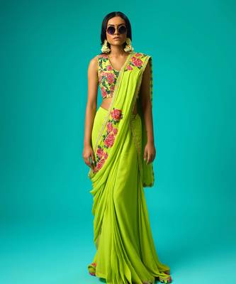 Green georgette plain saree with embroidered blouse 1