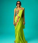 Green georgette plain saree with embroidered blouse
