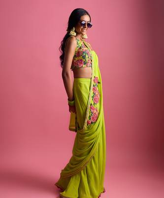 Green georgette plain saree with embroidered blouse 2