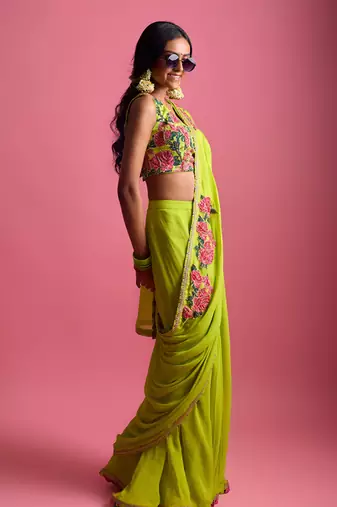 Green georgette plain saree with embroidered blouse