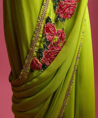 Green georgette plain saree with embroidered blouse 5