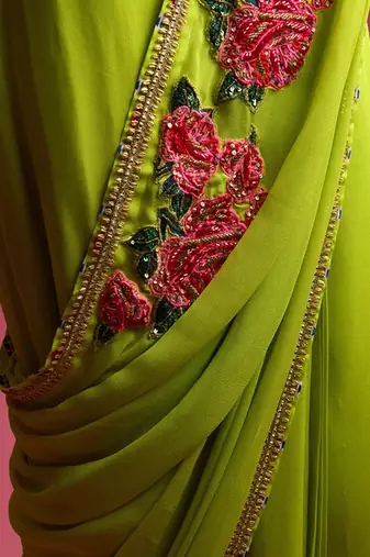 Green georgette plain saree with embroidered blouse