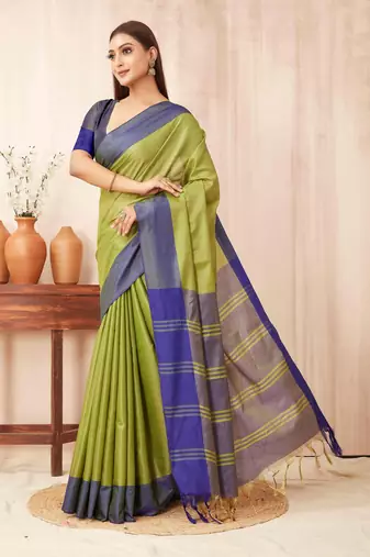Green silk blend saree with contrast  blouse
