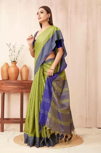 Green silk blend saree with contrast  blouse