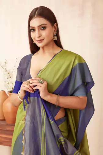 Green silk blend saree with contrast  blouse