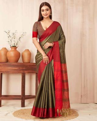 Olive silk blend saree with contrast  blouse 1