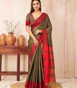 Olive silk blend saree with contrast  blouse