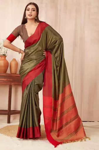 Olive silk blend saree with contrast  blouse