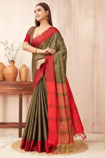 Olive silk blend saree with contrast  blouse