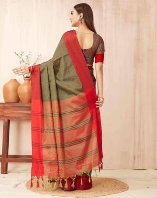 Olive silk blend saree with contrast  blouse 4