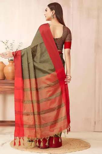 Olive silk blend saree with contrast  blouse