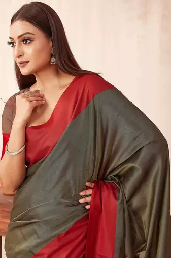 Olive silk blend saree with contrast  blouse