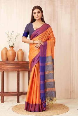 Orange silk blend saree with contrast  blouse 1