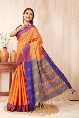 Orange silk blend saree with contrast  blouse 3